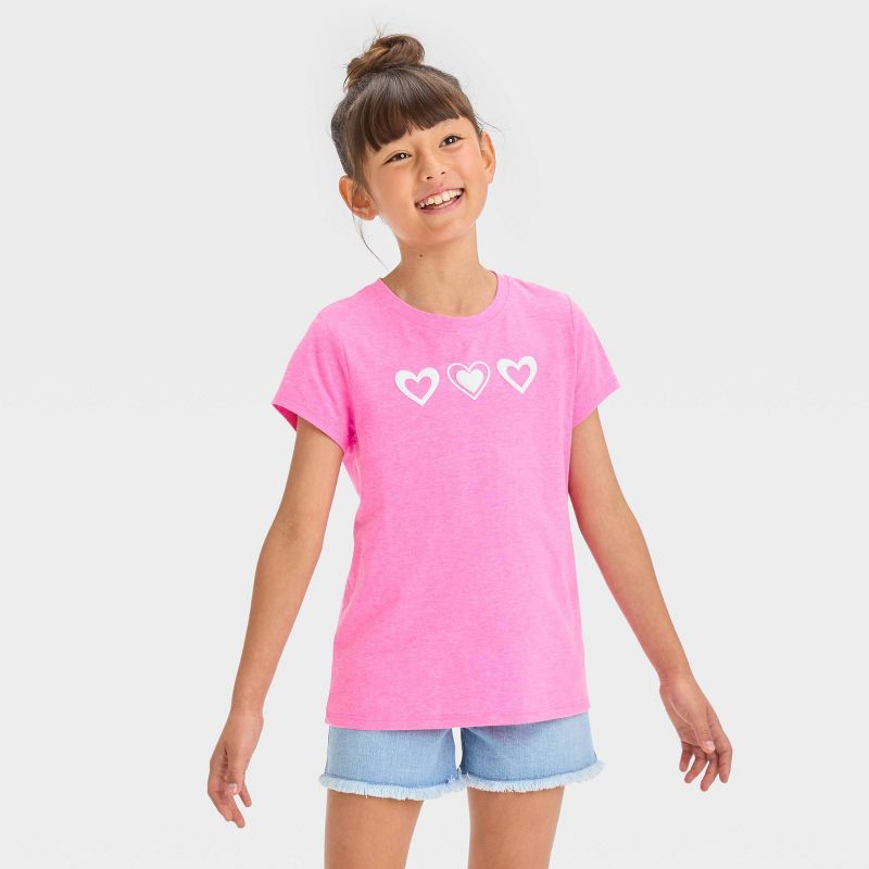 Girls' Short Sleeve 'Hearts' Graphic T-Shirt - Cat & Jack™ Neon Pink, 1 of 5