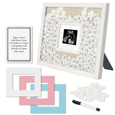 Americanflat 12x16 Baby Shower Guest Book with 80 Heart Tokens - Fits 3x4 Baby Sonogram or Photo - Includes Pink and Blue Mats - White