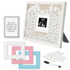 Americanflat 12x16 Baby Shower Guest Book with 80 Heart Tokens - Fits 3x4 Baby Sonogram or Photo - Includes Pink and Blue Mats - White - 1 of 4