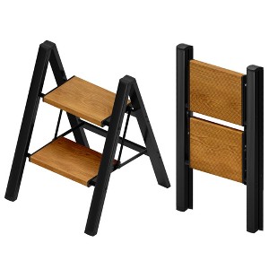 Itopfox 2 Step Ladder, Aluminum Lightweight Folding Stool with Anti-Slip Wide Pedal, 330lbs Capacity for Household, Kitchen, Office - Black Woodgrain - 1 of 4