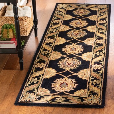 Black Hand-Tufted Wool Runner Rug with Floral Pattern