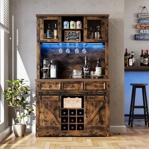 72" Modern Farmhouse Coffee Bar Cabinet with LED Lights & Power Outlets, Sliding Barn Doors, Kitchen Buffet with Wine Storage - 1 of 4