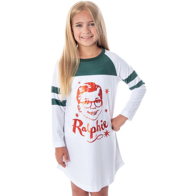 A Christmas Story Girl's Ralphie Striped Sleeve Nightgown Pajama Shirt Ralphie Red Foil, 1 of 5
