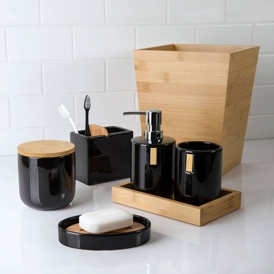 Black Ceramic Tumbler with Bamboo Accent