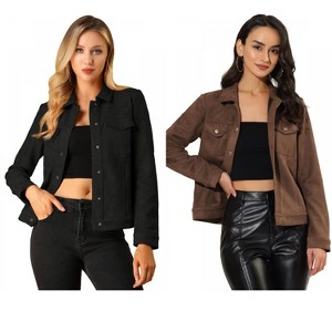 INSPIRE CHIC Women's Turn-Down Collar Flap Pockets Snap Button Faux Suede Jacket 2 Packs - 1 of 4