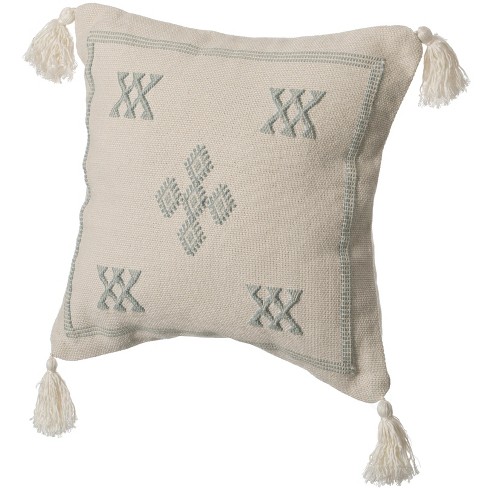 Deerlux 16 Handwoven Cotton Throw Pillow Cover with White Tufted Line Pattern and Tassel Corners with Filler, White