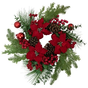 Northlight Berry and Poinsettia Artificial Christmas Wreath - 22" - Unlit - 1 of 4