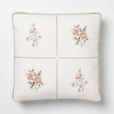 Square Cross-Stitched Floral Pillow with Printed Green/Pink - Threshold™ designed with Studio McGee