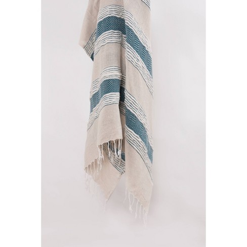 50 x60 Striped And Chevron Throw Blanket Teal beige Rizzy Home Hand Loomed Cotton Acrylic Fringe Detail Target