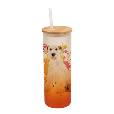 100 North 25 Ounce Frosted Glass Gradient Travel Tumbler With Straw & Wooden Lid, Schnauzer Dog Paint Splatter Orange
