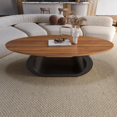 "47.2"" Wood Oval Brown Modern Coffee Table With Black Stainless Steel For Living Room "