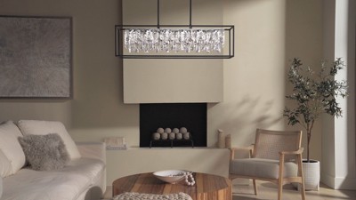 Black Metal and Crystal Rectangular Pendant Chandelier with Adjustable Height