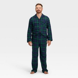 Men's Plaid Flannel Long Sleeve Shirt and Pants Holiday Matching Family Pajama Set - Wondershop™ Navy Blue - 1 of 4