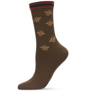 Memoi Women's Cotton Blend Striped Woven Buzzing Bee Crew Socks - 1 of 2