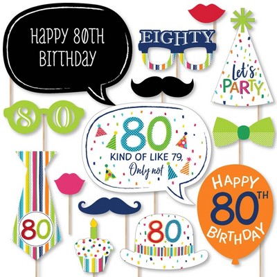 Big Dot of Happiness 80th Birthday - Cheerful Happy Birthday - Colorful Eightieth Birthday Party Photo Booth Props Kit - 20 Count