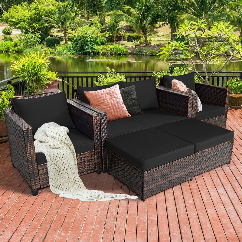 Costway 5PCS Patio Rattan Furniture Set Loveseat Sofa Ottoman Cushioned Red\White, 1 of 10