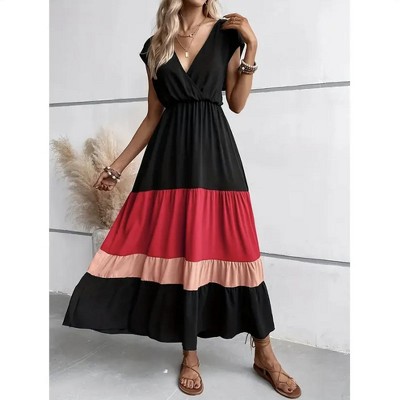 Wikineon Women Color Block Maxi Dress - V-Neck, Sleeveless & Tiered Design: A Loose Casual Sundress for Effortless Summer Style,L Size