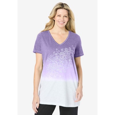 Woman Within Plus Size Short-Sleeve V-Neck Embroidered Dip Dye Tunic