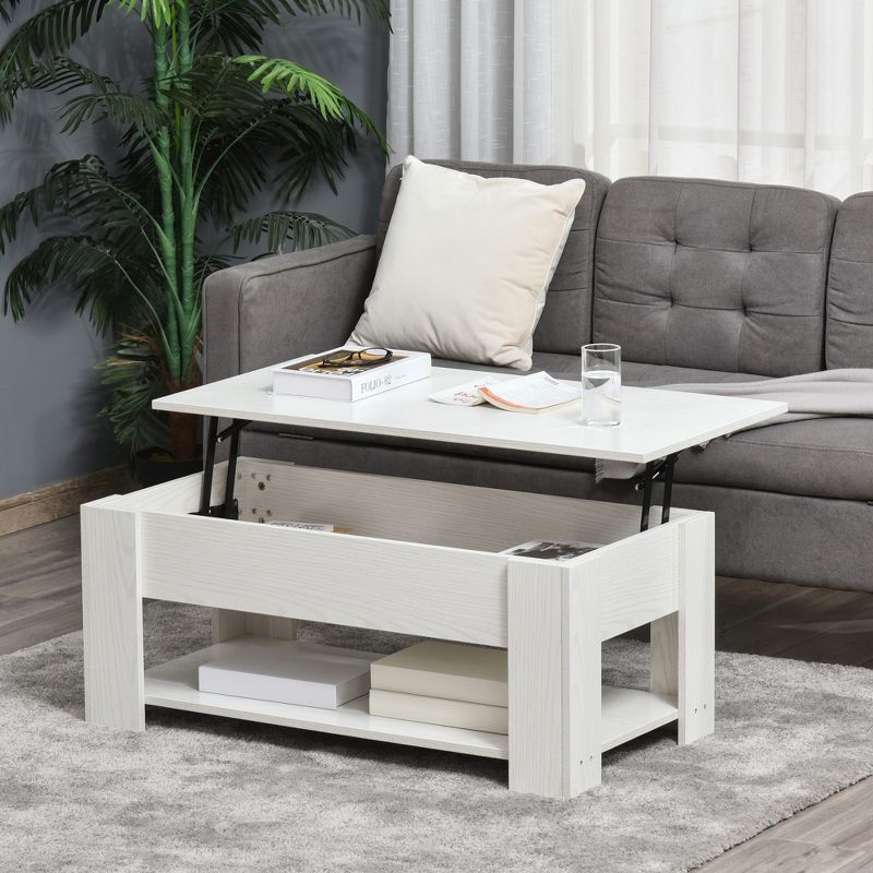 HOMCOM Lift Top Coffee Table with Hidden Storage Compartment and Open Shelf, Pop Up Coffee Table for Living Room, White, 3 of 7