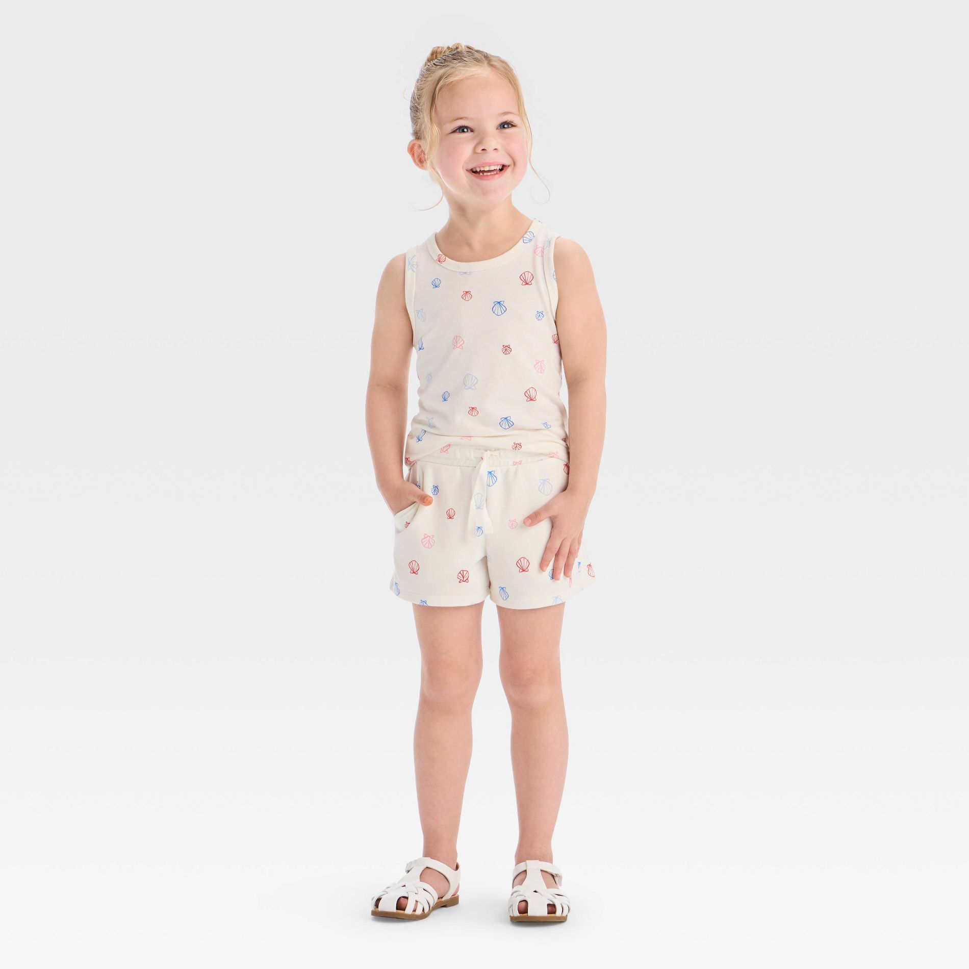 Toddler Girls' Seashell Shorts - Cat & Jack™ Off-White 5T: Cotton Blend, Recycled Polyester, Midweight, Elastic Waist, Drawstring