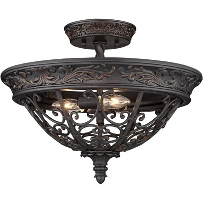 Elegant Scroll Rubbed Bronze Semi-Flushmount Ceiling Bowl Light, 20" Wide