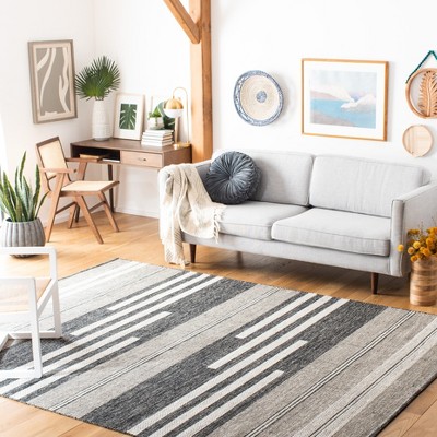 Ivory and Black Striped Wool Cotton Area Rug