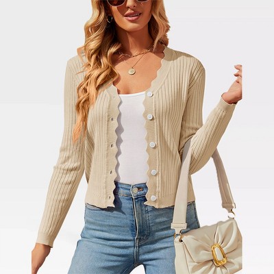 Women's V Neck Lightweight Knit Cardigan with Long Sleeves and Front Button Down Elegant Shrugs for Dresses,Light Khaki - 2XL