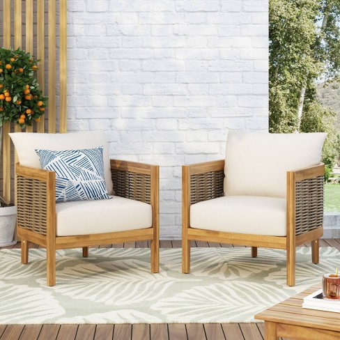 Burchett 2pk Outdoor Wood Chairs With Cushions - Teak/brown/beige Christopher Knight Home : Target
