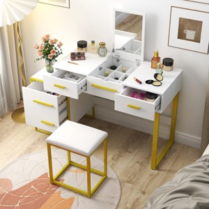 Makeup Vanity Set,Vertical Dressers With Flip-Top Mirror And Stool,Dresser Table With Nightstand And Drawers,Dresser For Bedroom-Cuddlewood - 1 of 4