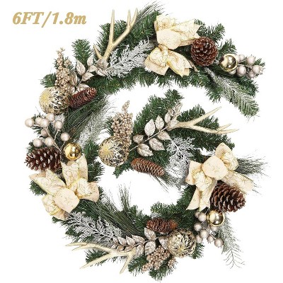 GAOMON 6 Feet Christmas Garland with Lights for Mantle, Lighted Battery Operated Xmas Garland with 20 LED Lights Gold Balls