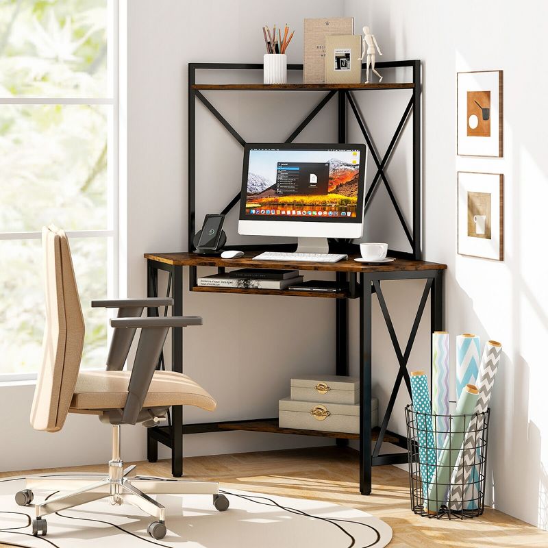 Tangkula Corner Desk Space-Saving Computer Desk w/ Shelves & Keyboard Tray Rustic Brown, 2 of 11