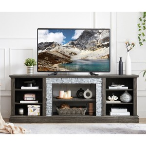 70" Large TV Stand with Faux Stacked Stone Surround, Media Console Table with Spacious Storage Cabinet, TV Desk Storage Rack, Entertainment Center - 1 of 4