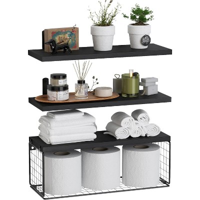 Munora Bathroom Shelf Over Toilet - Floating Wall Mounted Shelf with Wire Basket, Rustic Wood 3-Tier Storage Shelves