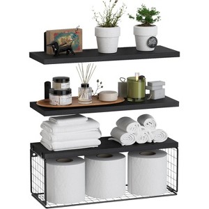 Munora Bathroom Shelf Over Toilet - Floating Wall Mounted Shelf with Wire Basket, Rustic Wood 3-Tier Storage Shelves - 1 of 4