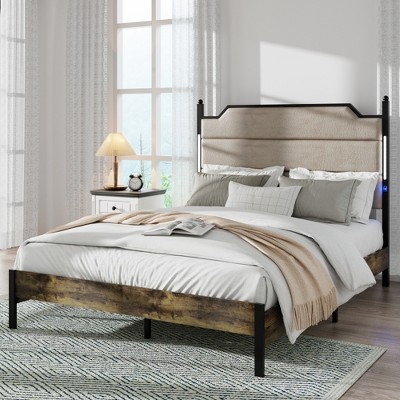 ALEXOUN Bed Frame with Upholstered Headboard & Wood Slats, Easy Assembly,No Box Spring Needed for Bedroom,Apartment,Brown