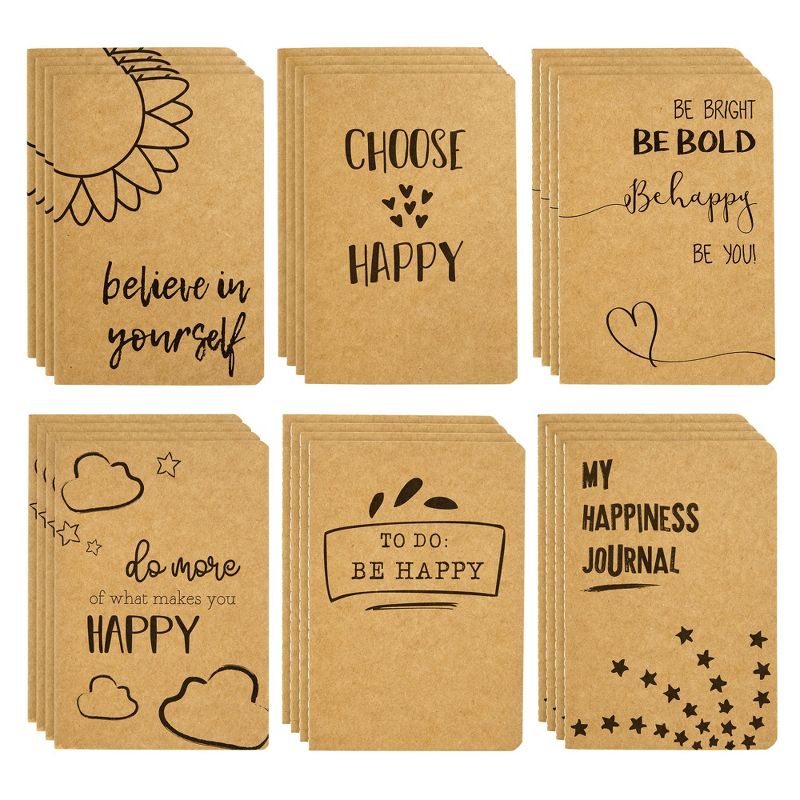 Paper Junkie 24-Pack Happiness-Themed Journals Bulk, Kraft Paper Notebooks with 80 Lined Pages for Kids, Office, School, Assorted Designs, 4x5.75 In, 1 of 11
