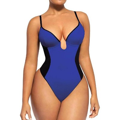 SHAPELLX Shapewear Bodysuit for Women Thong Backless Body Shaper Tummy Control U Plunge Strapless Top Corset Bodysuit—Blue38