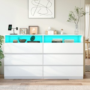 Dyonery Wide Chest of Drawers with Charging Station,6-Drawer Double Dresser with Power Outlet & LED Lights,White Organizer for Bedroom,Living Room - 1 of 4