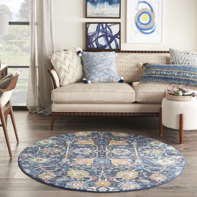 Bohemian Navy Floral Round Synthetic Area Rug - 5'3"