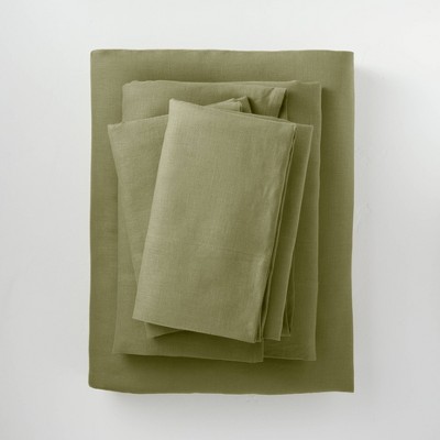 King 100% Washed Linen Solid Sheet Set Moss Green - Casaluna™