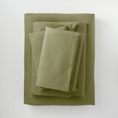Full 100% Washed Linen Solid Sheet Set Moss Green - Casaluna™