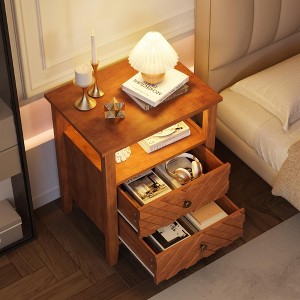 Coolmee LED Night Stand with 2 Storage Drawers and Legs, Farmhouse Nightstand with Open Storage Shelf, Rustic Bedside Table for Bedroom Living Room - 1 of 4