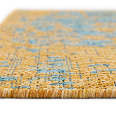 Yellow and Aqua Square Medallion Outdoor Rug