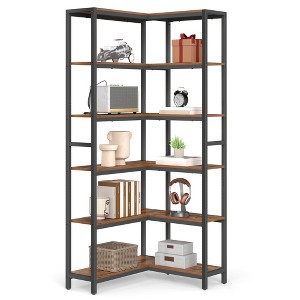 6-Tier Corner Bookshelf, Convertible Metal Frame Shelf with Adjustable Feet, 330 lb Capacity for Living Room Office, Rustic Brown & Black - 1 of 4