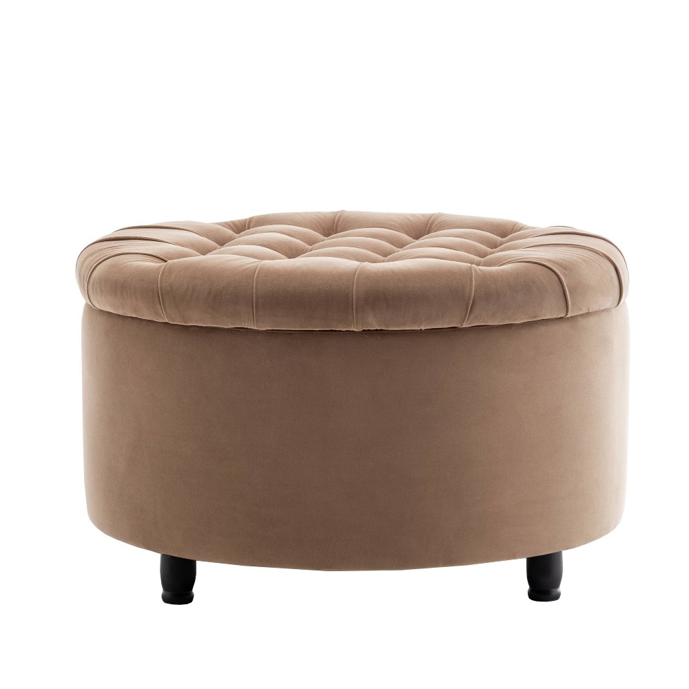 Photos - Pouffe / Bench Large Round Pintucked Storage Ottoman Lift Off Lid Light Brown Velvet - WO