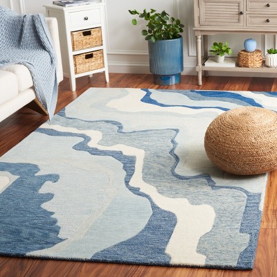 Ivory and Navy Hand-Tufted Wool Abstract 5' x 8' Rug
