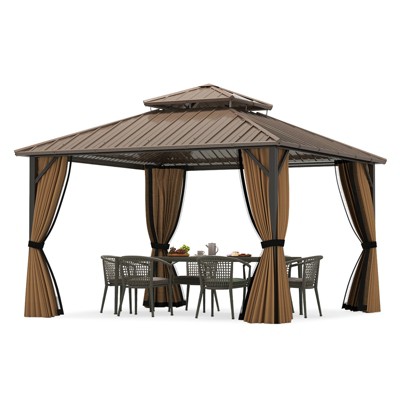 Tangkula 12 x 12 FT Hardtop Gazebo w/ Netting Heavy-Duty Double-Roof Galvanized Metal Top
