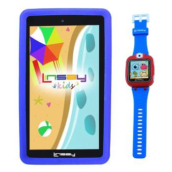 LINSAY 7" 64GB Storage Android 13 Blue Kids Bundle Funny Tablet and Kids Smart Watch 90 Degree Selfie Camera Blue