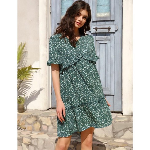 Whizmax Women Summer Dresses For Women Casual V Neck Short Sleeve Ruffle Floral High Waist Loose Swing A line Short Dresses Green L Target