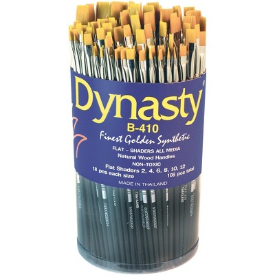 Dynasty B-410 Flat Shader Golden Synthetic Short Wood Handle Paint Brush Set, Assorted Size, Black, set of 108